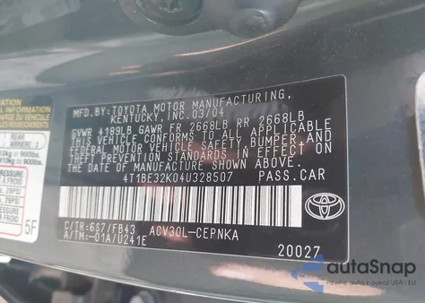 2004 Toyota Camry Le from USA, damaged, VIN 4T1BE32K04U328507